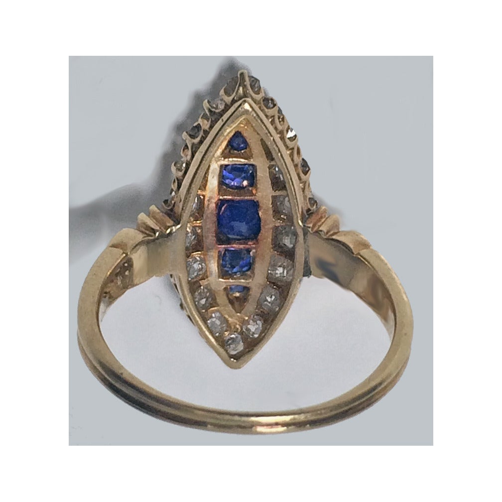 English Antique Sapphire  Diamond Gold navette Ring In Good Condition In Toronto, ON