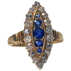 English Antique Sapphire  Diamond Gold navette Ring
