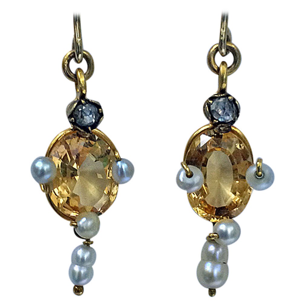 Antique English Imperial Topaz Pearl Diamond Gold Drop Earrings