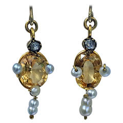 Antique English Imperial Topaz Pearl Diamond Gold Drop Earrings