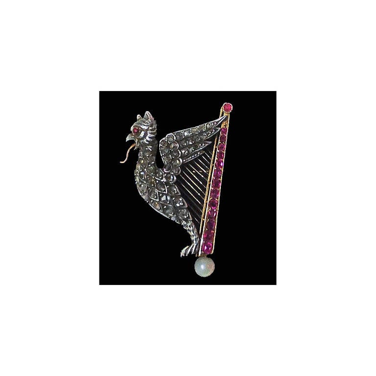 French Pearl Ruby Diamond Gold Griffin and Harp Brooch