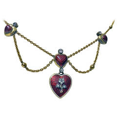 Antique English Enamel Gold Diamond Heart Necklace