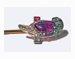 1940s Tiffany & Co. Ruby Diamond Platinum Parrot on gold stickpin