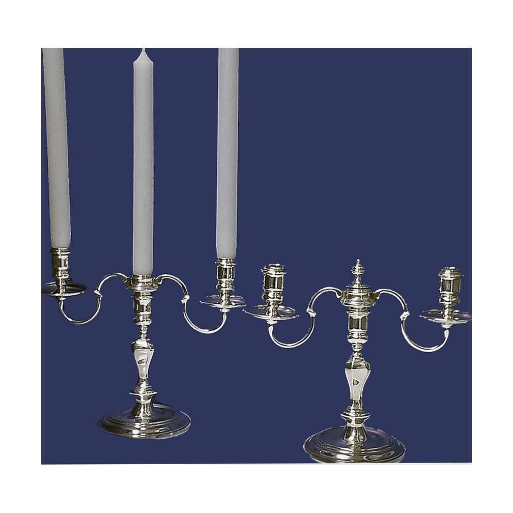 Pair of English Silver Queen Anne style Candelabra Candlesticks, London 1956, retailers mark for Harrods. Each in the Queen Anne style with round bases and knopped baluster stems, supporting two or three light (convertible) branches. Height: 8