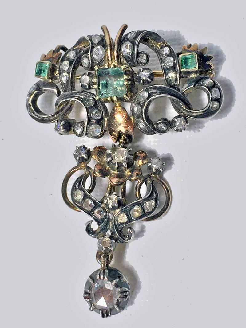 Georgian 18th Century Emerald Diamond Brooch, Portugal or Spain C.1780.