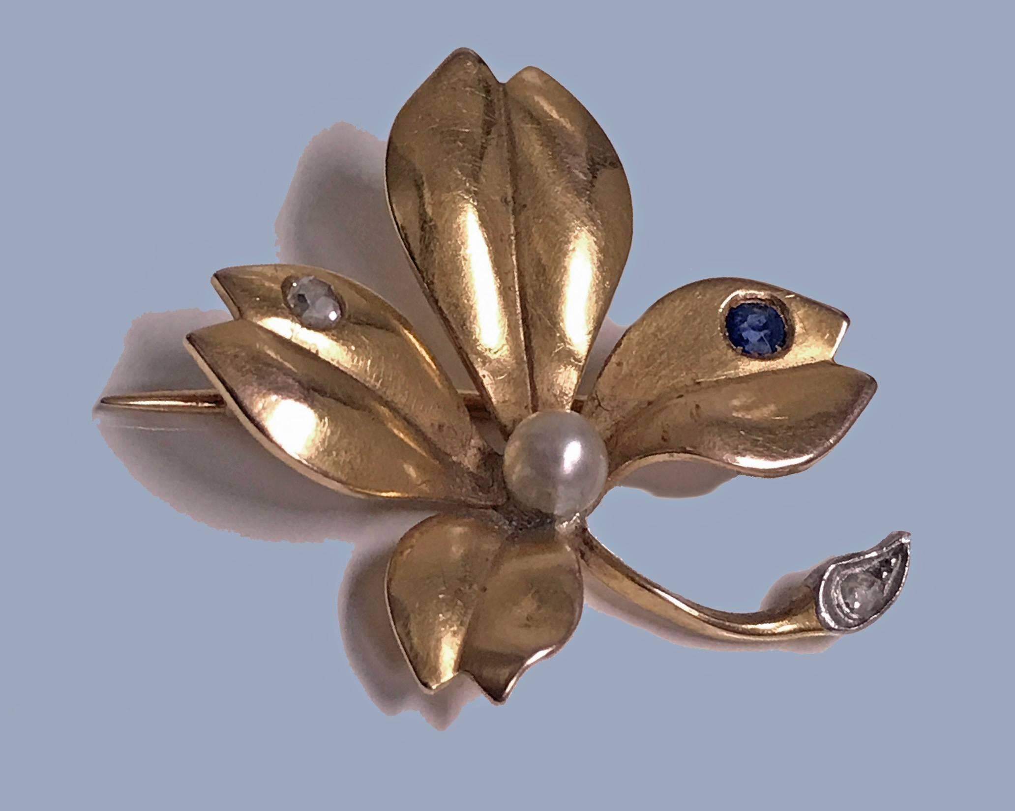 French Sapphire Pearl Diamond Gold Brooch In Good Condition In Toronto, ON