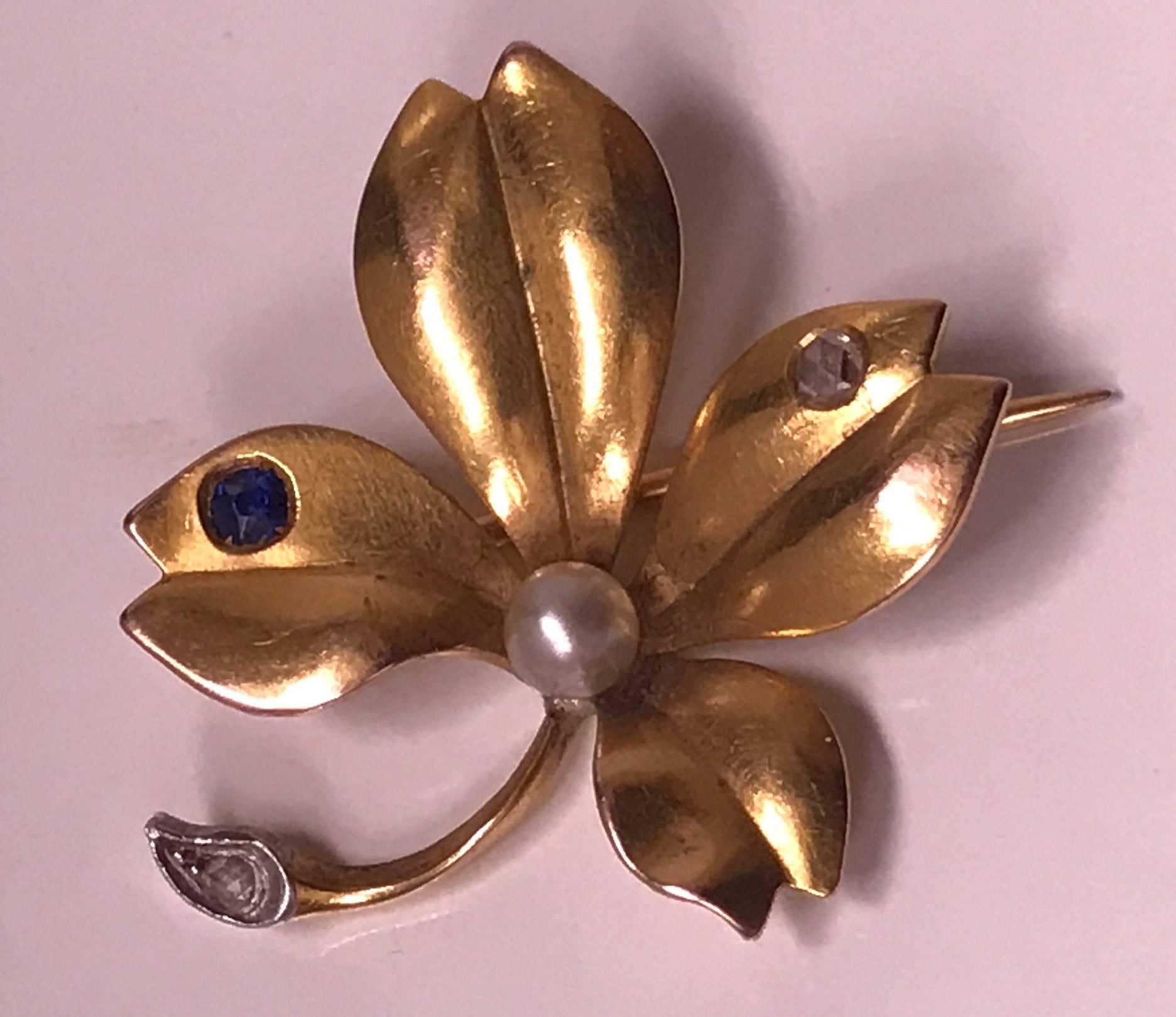 French Sapphire Pearl Diamond Gold Brooch 1