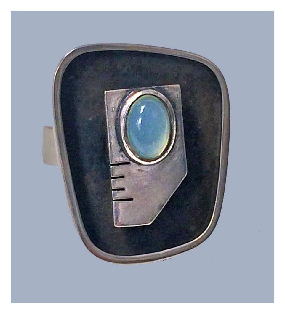 1950s Ed Wiener Sterling Silver Abstract Modernist Face Ring 2