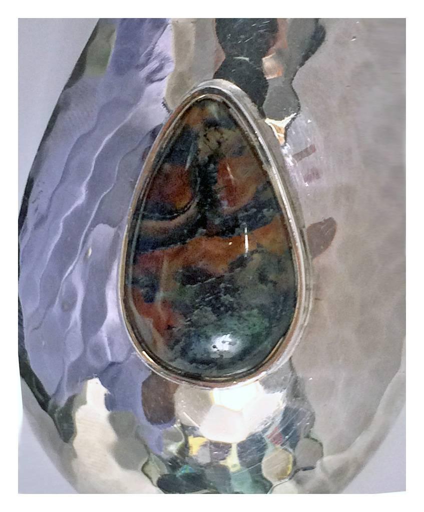 Stunning Scandinavian Sterling Modernist Collar Necklace, Denmark C.1970.  The hand hammered Necklace of large undulating slightly off set form, bezel set with a cabochon multi colour agate. Stamped Smykkesmeden Danmark Sterling. The collar is quite