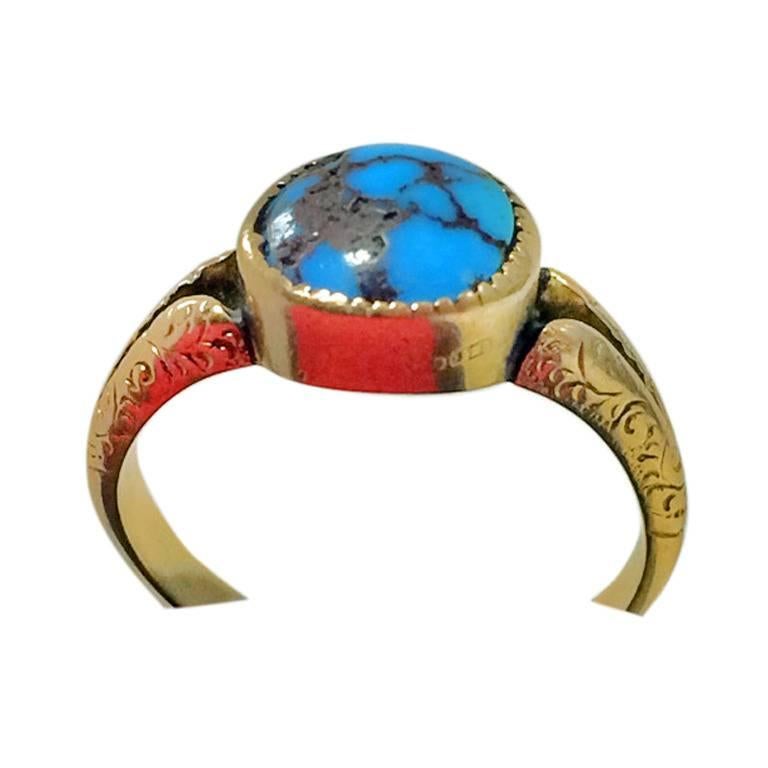 Women's or Men's 1906 Birmingham Arts and Crafts Turquoise Gold Ring .