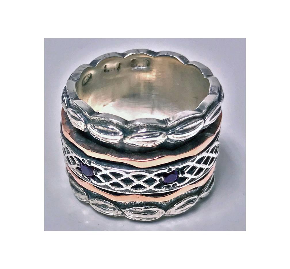Round Cut 1940s Garnet Silver Gold Spinner Ring