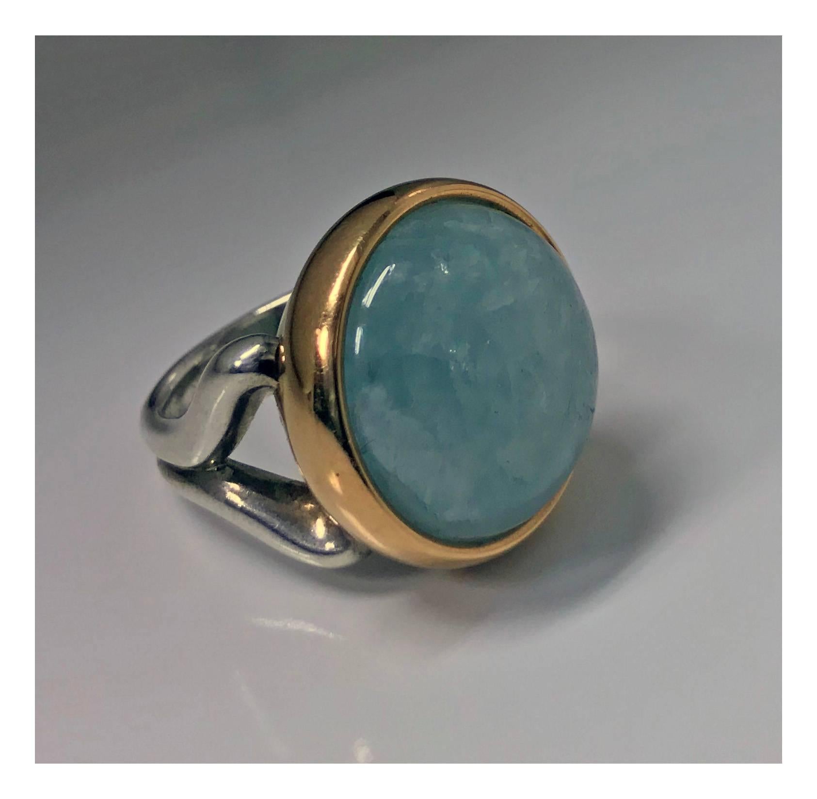Cabochon Aquamarine Silver Gold Ring In Excellent Condition In Toronto, ON