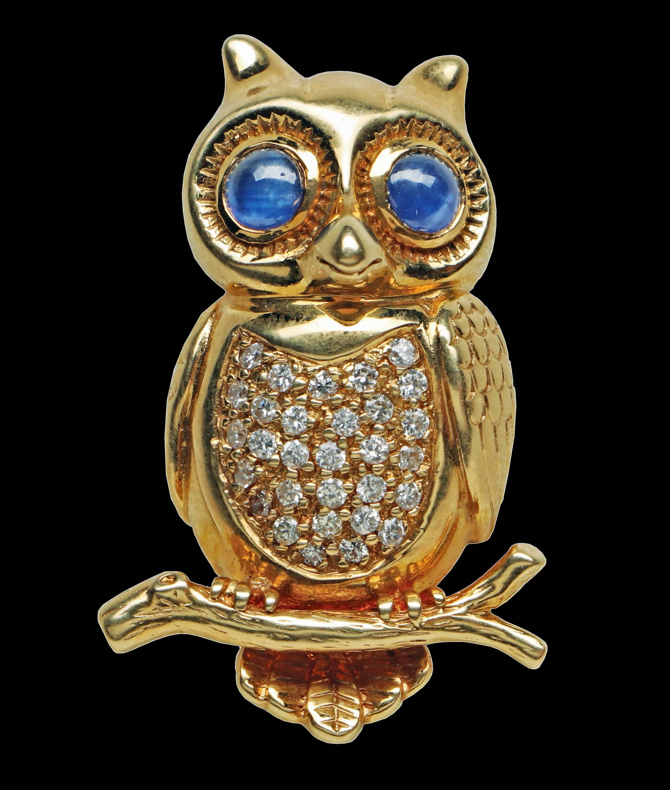 Boucheron 18K Diamond and Sapphire Owl Brooch Pin, 20th century. The owl with diamond pave set body and cabochon sapphire eyes. Measures: 1 ¼ x 7/8 inches. Weight: 9.24 grams. Signed Boucheron and English import marks. Boucheron case.  