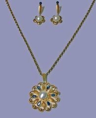 1950s David Andersen Rare Pearl Sapphire Gold Necklace Brooch and Earrings