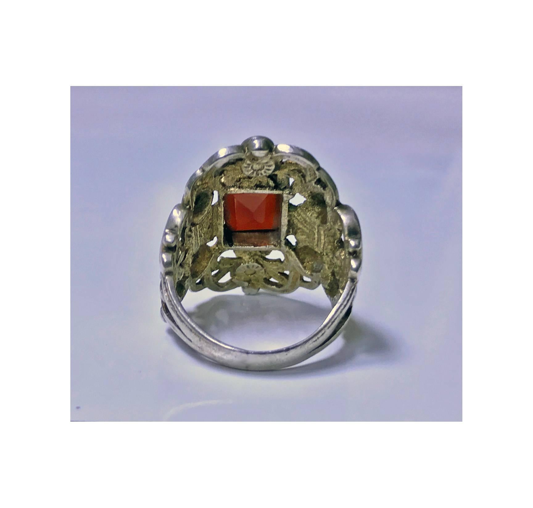 Arts and Crafts Carnelian Enamel Silver Ring, Probably Pforzheim, circa 1900 In Good Condition In Toronto, ON