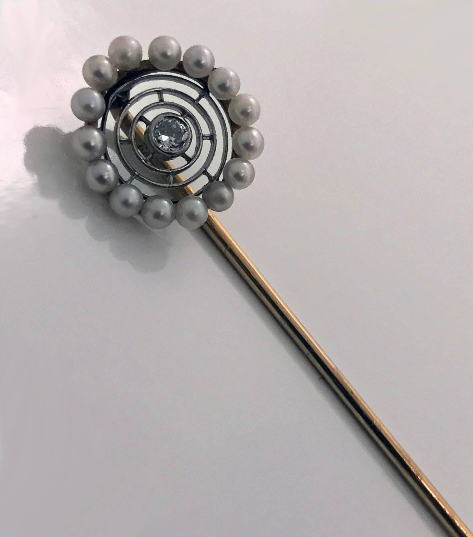 Hans Brassler American Pearl Diamond Gold Platinum Stickpin, circa 1900 3