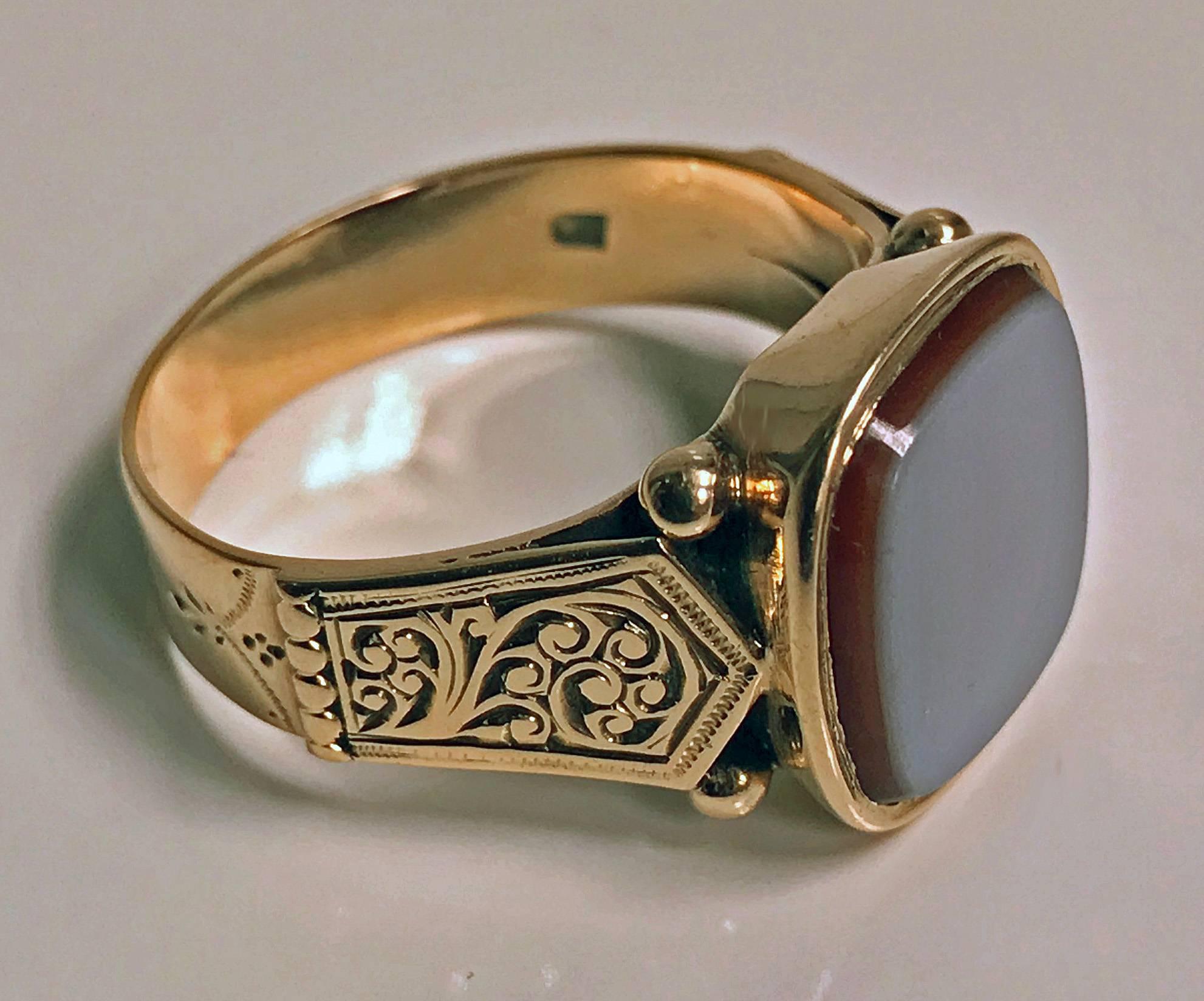 Antique Gold Gents Signet Ring, Sardonyx, Austria C.1890. Nice large size, un engraved sardonyx, approximately 14 mm cushion, finely carved shoulders, plain shank base. Stamped with Austrian marks for 14K Vienna. Ring Size: 10. May be sized. Item