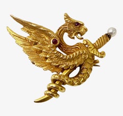 Amerikanische Riker Bros. Jugendstil-Brosche aus 14-karätigem Gold mit mythologischen Motiven, um 1900