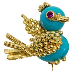 Italian 18K Mid Century Turquoise Bird chick pin Brooch.
