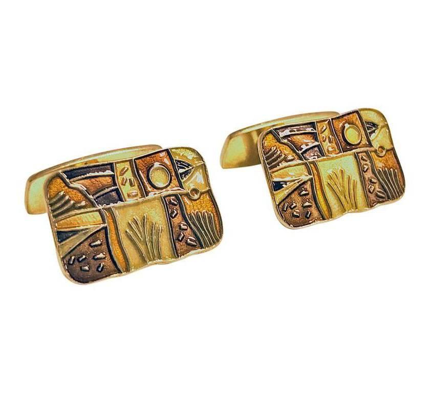 Andersen enamel sterling silver with vermeuil finish `Fall' Cufflinks, Oslo, Norway C.1959 by David Andersen. The Cufflinks each of rectangular shaped form inlaid with a varied orange, brown and gold enamel colours of an art style. These Cufflinks