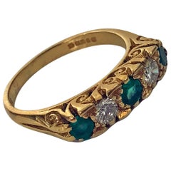 Classic English Diamond Emerald Carved Gold Ring