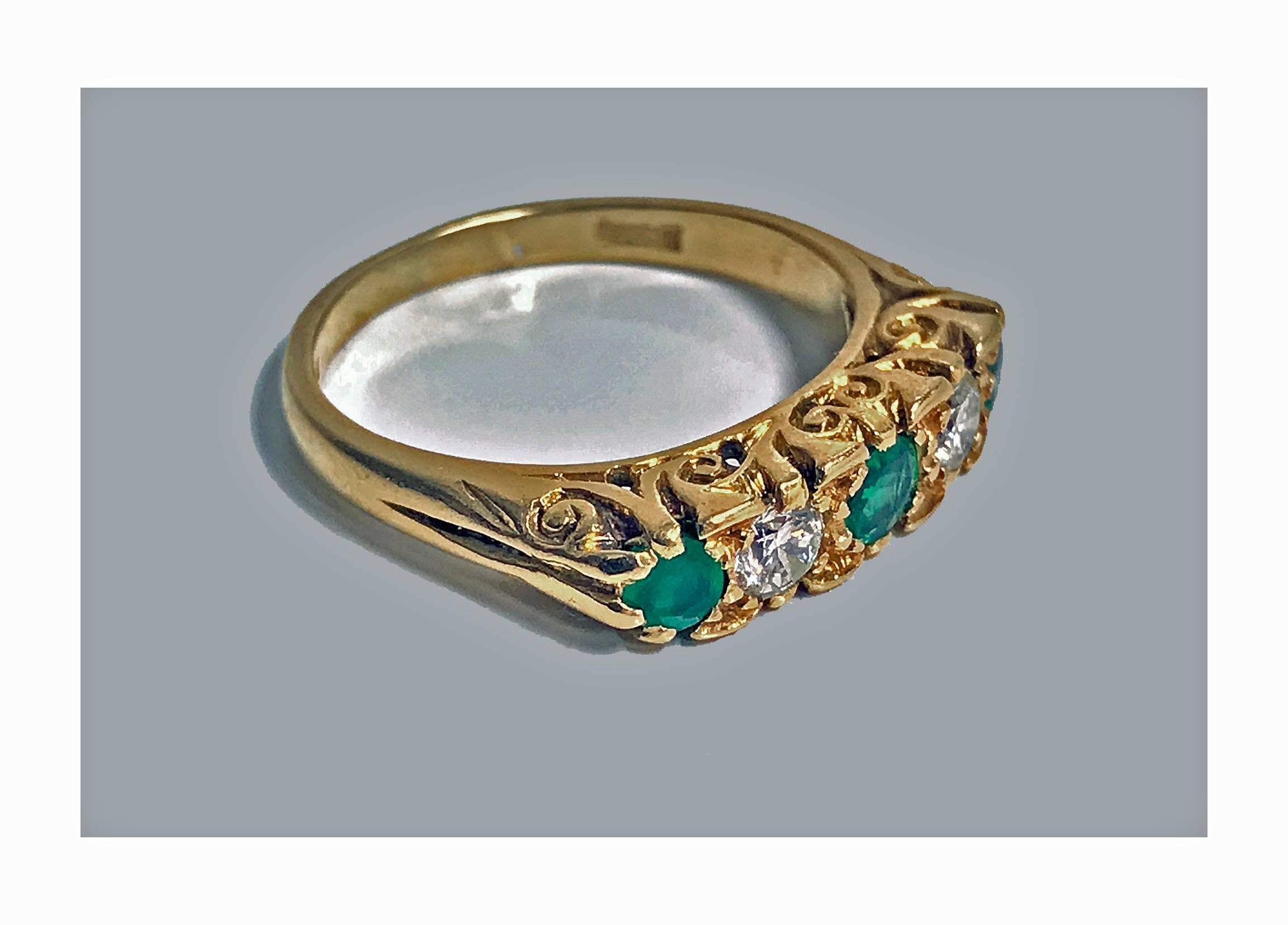 Women's or Men's Classic English Diamond Emerald Carved Gold Ring