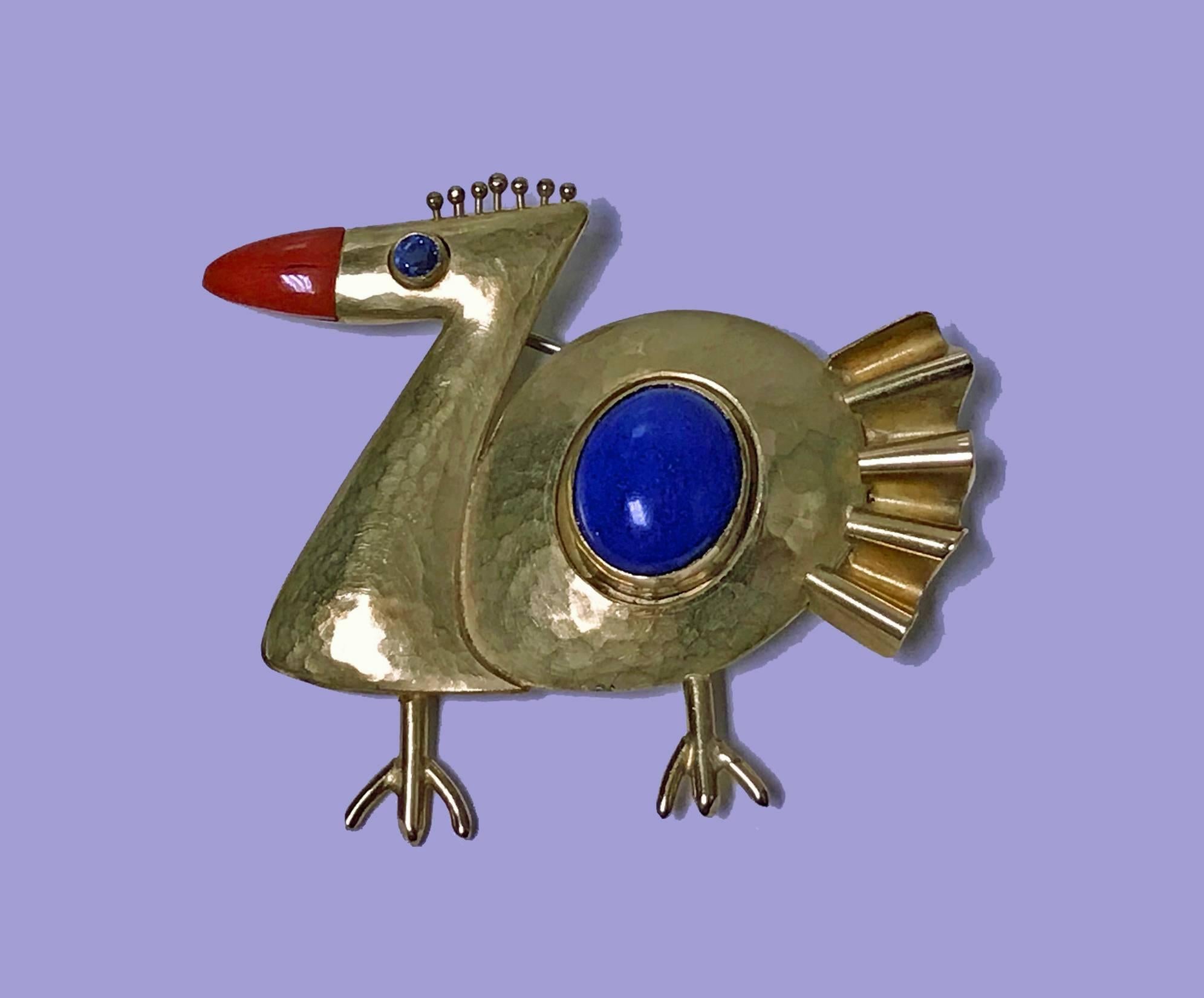 Walter Schluep 18K abstract bird Brooch Pin, 2003. The piece depicting a bird bezel set lapis body, sapphire eye and carnelian beak. Fully signed on reverse and engraved MH Dec 23 2003. Spanish born, Geneva trained, Schluep emigrated to Montreal,