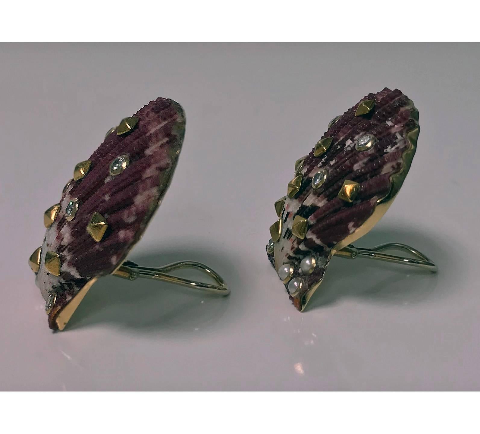 Women's or Men's 1950s Gold Shell Diamond Earrings