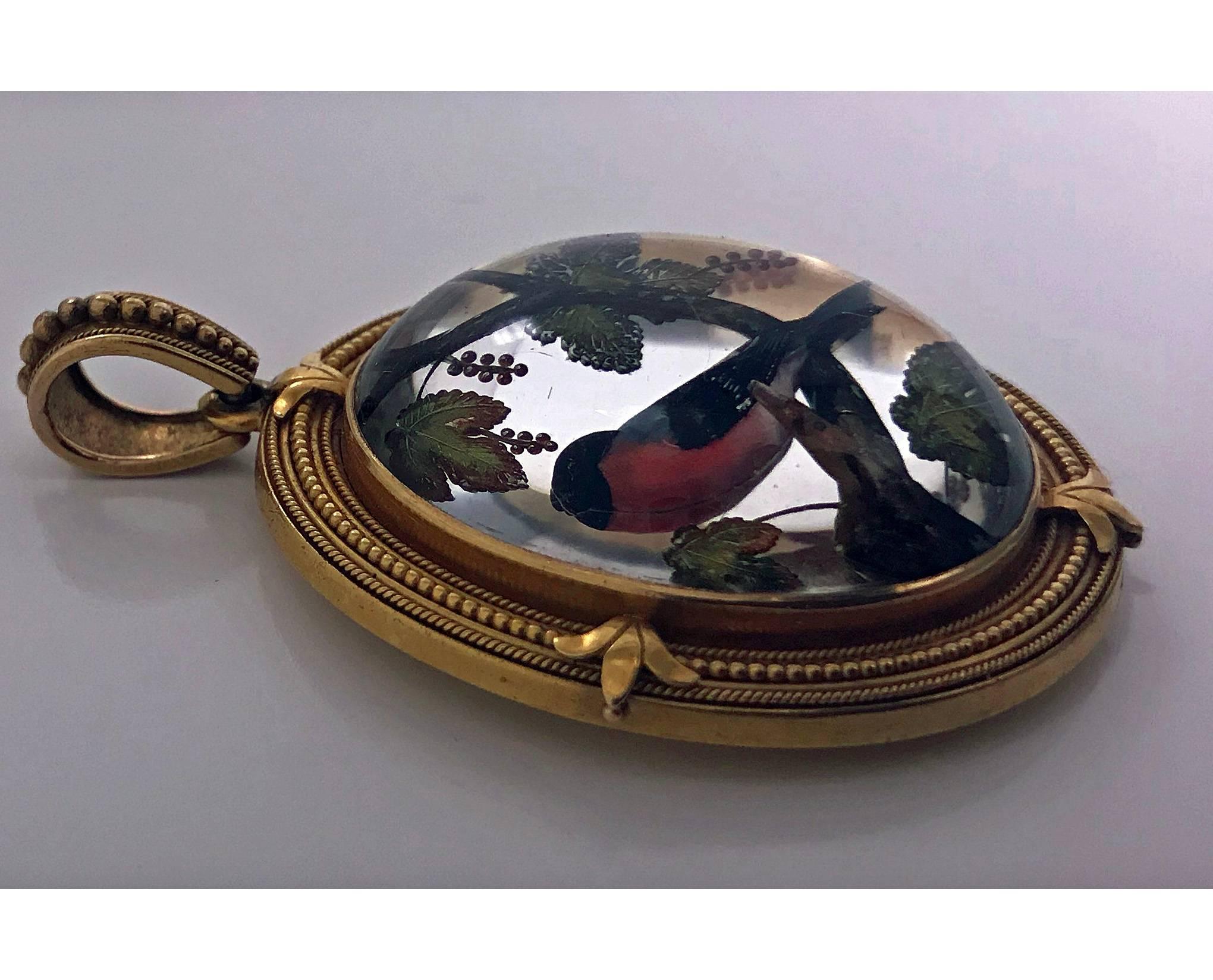 Women's or Men's Fine Gold Reverse Intaglio Painted Crystal Pendant, circa 1880