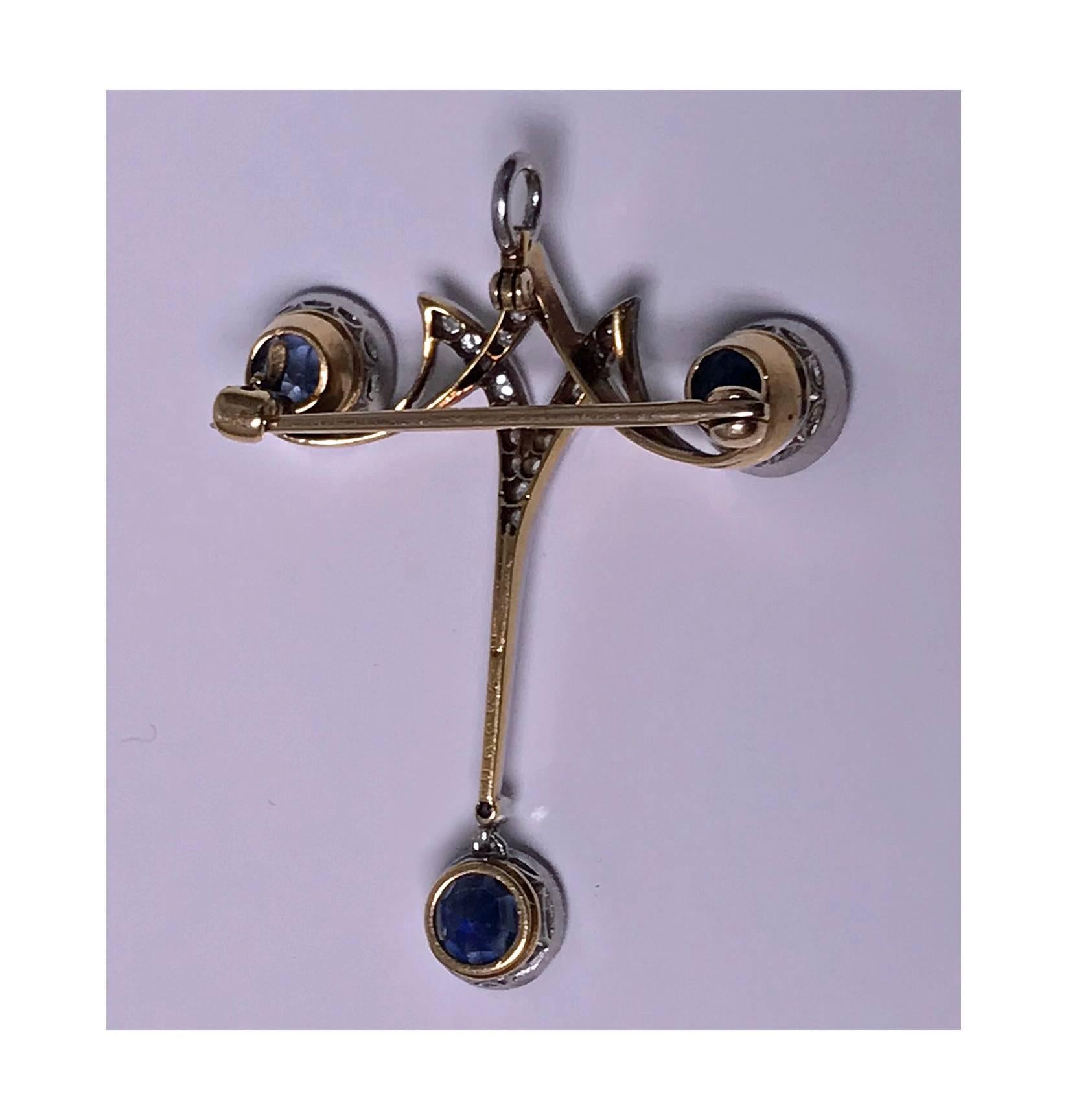 Women's Edwardian Sapphire Diamond Platinum Pendant Brooch