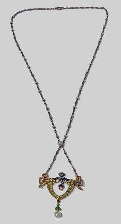 French Art Nouveau Gautrait 18 Karat Enamel Diamond Pearl Necklace