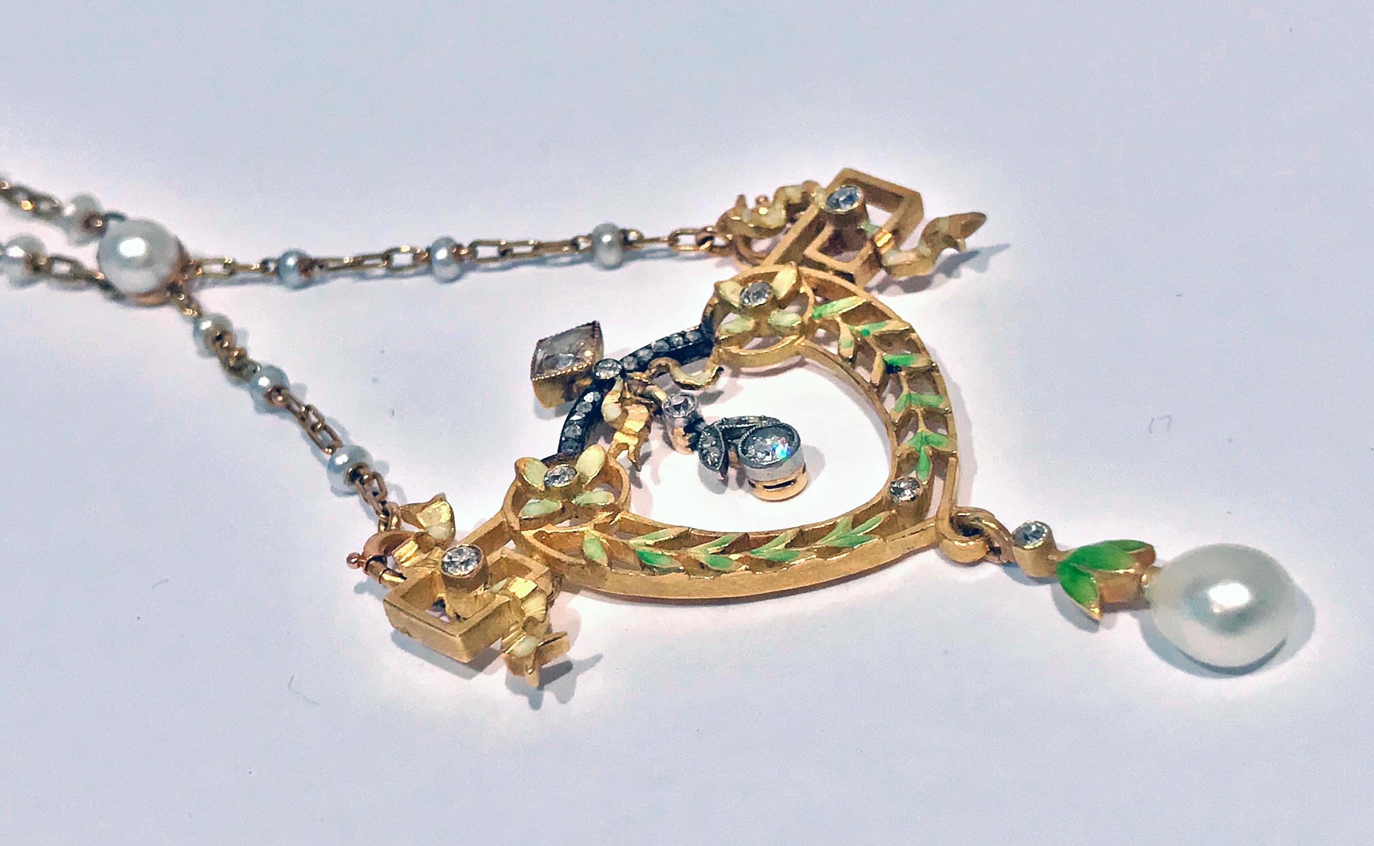 French Art Nouveau Gautrait 18 Karat Enamel Diamond Pearl Necklace In Good Condition In Toronto, ON
