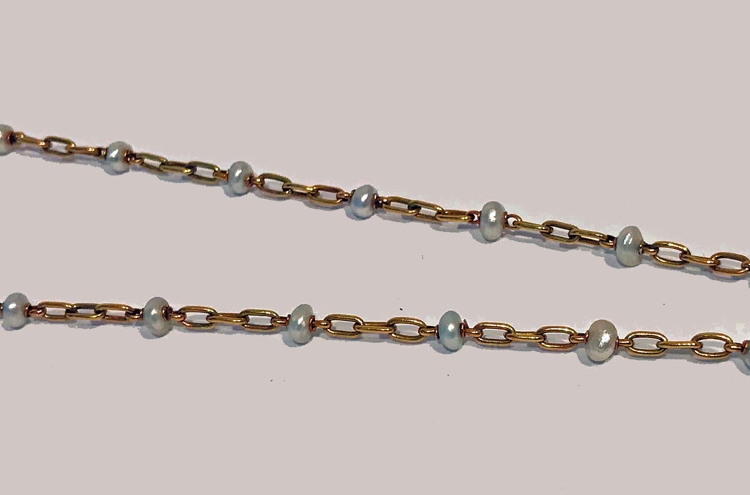 Women's or Men's French Art Nouveau Gautrait 18 Karat Enamel Diamond Pearl Necklace