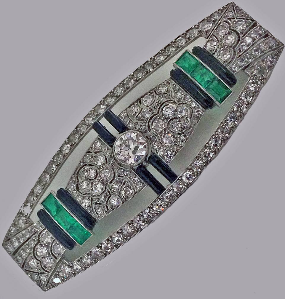 Art Deco French Diamond Emerald Onyx Platinum plaque Brooch1925 1