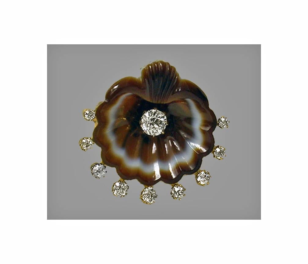 Antique gold, diamond and agate shell Brooch, England C.1875 probably by Watherston & Son. The brooch in the form of an agate shell, set in the centre with an old mine cut diamond, approximately 0.55 ct, the surround shell further individually