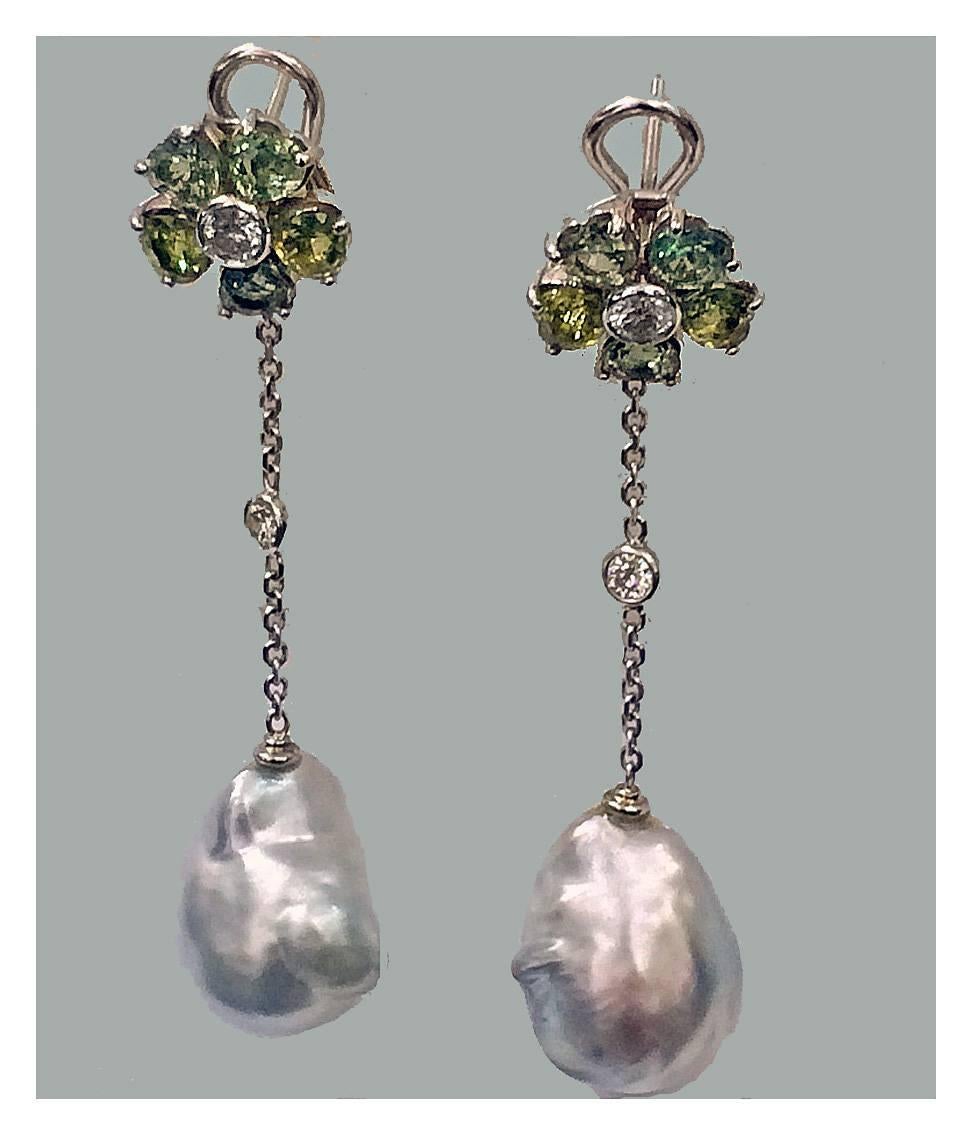 Baroque Pearl Diamond Green Sapphire Earrings In Excellent Condition In Toronto, ON