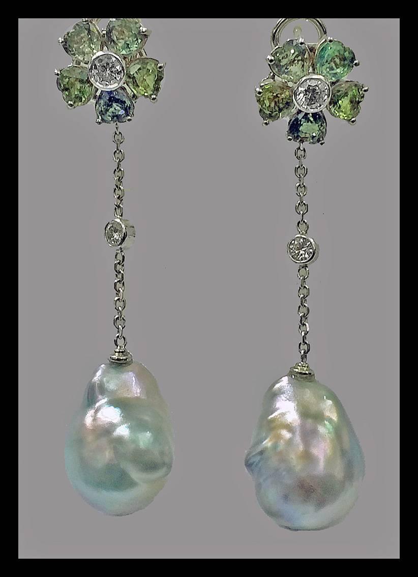Baroque Pearl Diamond Green Sapphire Earrings 1