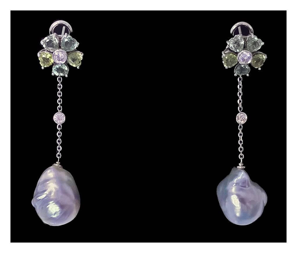 Baroque Pearl Diamond Green Sapphire Earrings 2