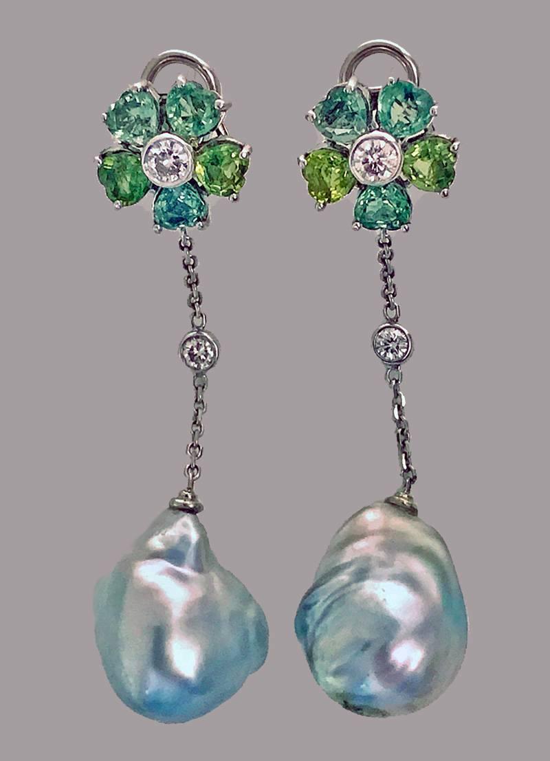 Baroque Pearl Diamond Green Sapphire Earrings 3