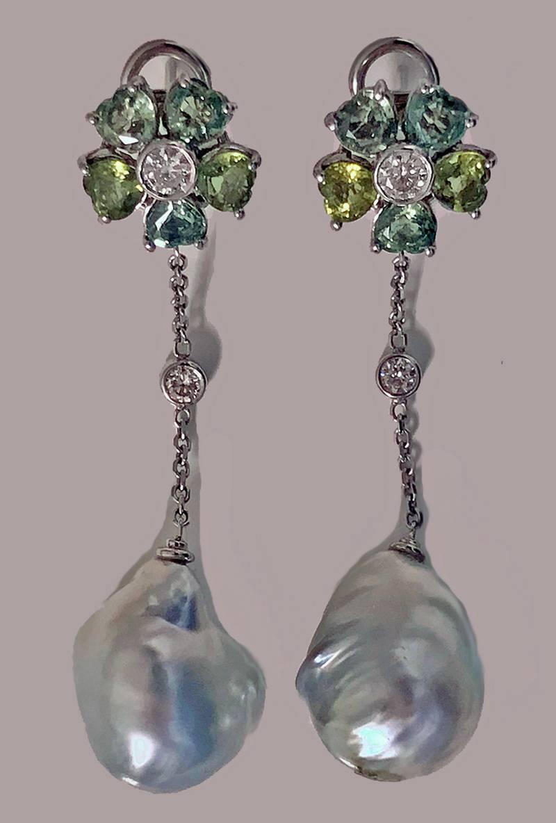 Baroque Pearl Diamond Green Sapphire Earrings 4