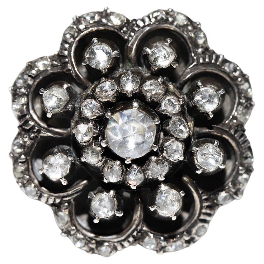 Antique Circa 1900s 14k Gold Top Silver Natural Rose Cut Diamond Cocktail Ring 