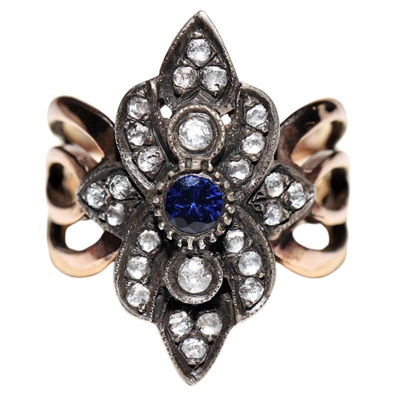 Vintage 8k Gold Top Silver Natural Rose Cut Diamond And Sapphire Ring