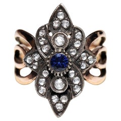 Anello vintage in oro 8k e argento con diamante naturale taglio rosa e zaffiro