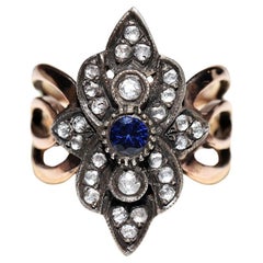 Retro 8k Gold Top Silver Natural Rose Cut Diamond And Sapphire Ring