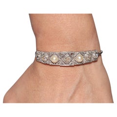 Circa 1920s Art Deco Platinum  Natural Old Cut Diamond And Pearl Bracelet