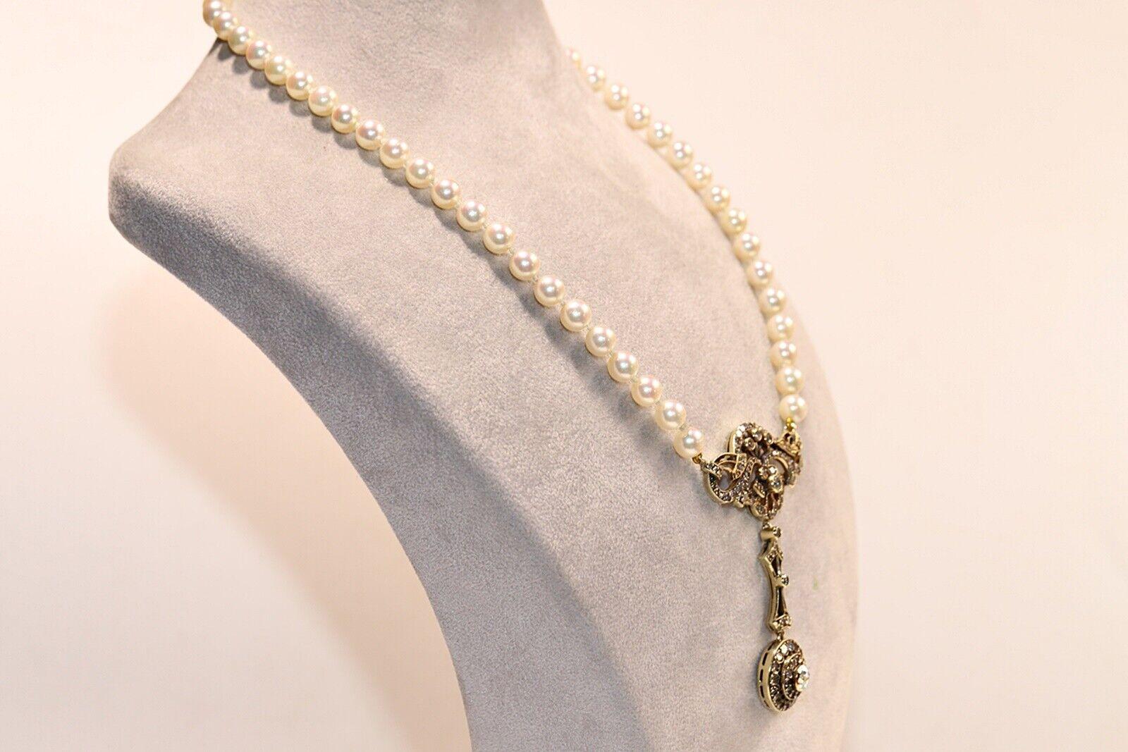 Taglio brillante Collana con diamanti naturali e perle in oro 14k, CIRCA 1960 in vendita