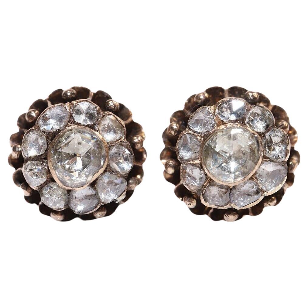 Boucles d'oreilles anciennes des années 1900 en or 10 carats décorées de diamants naturels taille rose