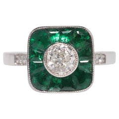 Anillo de Esmeralda y Diamante Natural de Oro Viejo de 18k de Nueva Fabricación