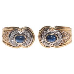 Vintage Circa 1980s 18k Gold Natural Diamond And Cabochon Sapphire Earring