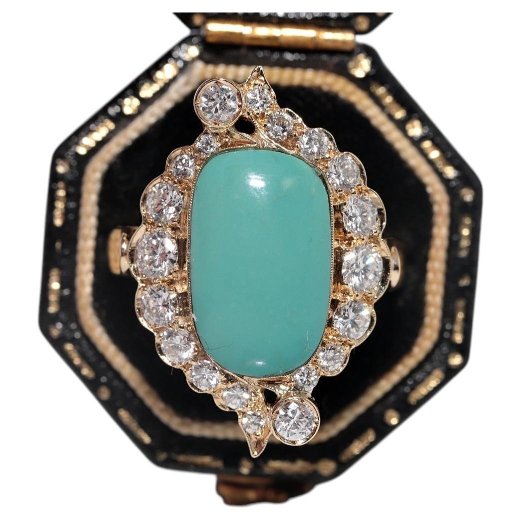 Bague vintage des années 1980 en or 14 carats décorée de diamants naturels et de turquoises